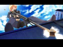 Rule 34 | 1girl, anti-materiel rifle, barrett m82, bipod, casing ejection, cloud, day, firing, from below, game cg, glasses, gun, holding, holding gun, holding weapon, holly orwell, jpeg artifacts, letterboxed, meri+dia, motion blur, muzzle flash, one eye closed, rifle, scope, shell casing, sky, sniper rifle, solo, spread legs, tamahiyo, weapon