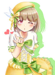 Rule 34 | 1girl, :o, absurdres, artist name, artist request, blowing kiss, blush, bow, breasts, brown hair, collarbone, crescent, crescent hair ornament, cross-laced clothes, cross-laced dress, diamond (love live!), dress, feathers, female focus, frilled dress, frills, green bow, green nails, green ribbon, grey hair, hair ornament, hat, hat feather, heart, highres, light brown hair, looking at viewer, love live!, love live! nijigasaki high school idol club, love live! school idol festival, nail, nail polish, nakasu kasumi, one eye closed, parted lips, purple eyes, red eyes, ribbon, short hair, skirt, small breasts, smile, solo, star (symbol), star hair ornament, tuna (kaza05sute 1213), white feathers, wrist cuffs, yellow bow, yellow dress, yellow hat, yellow nails, yellow ribbon, yellow skirt, yellow wrist cuffs