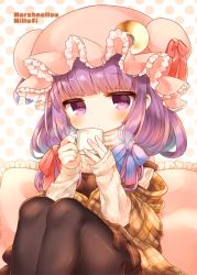 Rule 34 | 1girl, artist name, bad id, bad pixiv id, black pantyhose, blue bow, blunt bangs, bow, commentary request, crescent, cup, frilled pillow, frills, hair bow, hat, hat bow, jitome, long hair, long sleeves, looking at viewer, mashiro miru, mob cap, mug, pantyhose, patchouli knowledge, pillow, plaid blanket, polka dot, polka dot background, purple eyes, purple hair, red bow, ribbed sweater, sitting, solo, strap slip, striped, striped bow, sweater, touhou