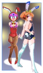 Rule 34 | 1990s (style), 2girls, animal ears, ass, backless outfit, bare shoulders, blue eyes, blush, boots, breasts, cat tail, cleavage cutout, clothing cutout, detached collar, embarrassed, fake animal ears, fishnet pantyhose, fishnets, flat chest, hair ornament, hand on own hip, helmet, high heel boots, high heels, kyatto ninden teyandee, leotard, multiple girls, one eye closed, onnaski, orange hair, pantyhose, pigeon-toed, playboy bunny, pururun (kyatto ninden teyandee), rabbit ears, rabbit tail, red eyes, retro artstyle, short hair, sideboob, smile, tail, thigh boots, thigh gap, thighhighs, tokugawa usako, white legwear, wink, wrist cuffs