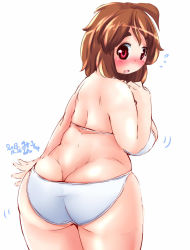 Rule 34 | 10s, 1girl, 2013, ahoge, ass, bad id, bad pixiv id, bikini, blush, breasts, brown hair, dated, eno konoe, eyebrows, flying sweatdrops, from behind, large breasts, looking at viewer, looking back, mikomu, open mouth, original, plump, red eyes, short hair, simple background, solo, swimsuit, thick eyebrows, white background, white bikini