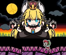 Rule 34 | 1girl, baby mario, bare shoulders, black dress, black nails, blonde hair, blue eyes, bowsette, bracelet, brooch, cloud, cloudy sky, collar, commentary request, crown, dress, earrings, evening, fake screenshot, fingernails, full moon, giant, giantess, grin, hat, horizon, horns, jewelry, long hair, looking at another, mario, mario (series), moon, nail polish, new super mario bros. u deluxe, nintendo, outdoors, riding, sharp fingernails, sharp teeth, size difference, sky, smile, sparkle, spiked bracelet, spiked collar, spikes, standing, stitches, strapless, strapless dress, sunset, super crown, super mario world 2: yoshi&#039;s island, teeth, thick eyebrows, v-shaped eyebrows, very long hair, yoru nai, yoshi