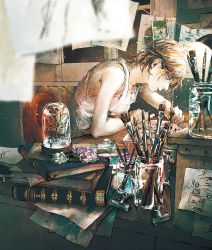Rule 34 | 1boy, bare shoulders, book, brown hair, brush, commentary request, crumpled paper, desk, drawing, indoors, jar, kobone awaki, light, light particles, male focus, original, paper, short hair, sitting, snow globe, solo, tank top