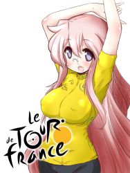 Rule 34 | 00s, 1girl, arms up, bad id, bad pixiv id, bicycle, bike jersey, bike shorts, breasts, covered erect nipples, glasses, large breasts, long hair, lucky star, mizushima (p201112), pink hair, purple eyes, simple background, solo, takara miyuki, tour de france