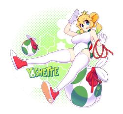 Rule 34 | 1girl, :d, bare arms, bare shoulders, blonde hair, blue eyes, breasts, character name, commentary, crown, english commentary, fizintine, gloves, gradient hair, green hair, hair bun, large breasts, leotard, looking at viewer, mario (series), mini crown, multicolored hair, new super mario bros. u deluxe, nintendo, open mouth, princess yoshi, shoes, smile, sneakers, solo, super crown, thighhighs, white gloves, white thighhighs
