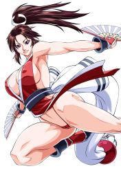 Rule 34 | 1girl, breasts, brown hair, cameltoe, cleavage, cleft of venus, fatal fury, highres, ikumo taisuke, large breasts, long hair, ponytail, revealing clothes, shiranui mai, smile, thong, very long hair