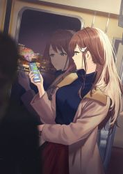 Rule 34 | 1girl, blue eyes, blue sweater, brown hair, brown jacket, building, city, city lights, cityscape, closed mouth, hair ornament, hairclip, haru (hiyori-kohal), highres, holding, holding phone, jacket, long hair, long sleeves, looking away, night, night sky, original, phone, red skirt, reflection, skirt, sky, solo, standing, sweater, train, train interior, turtleneck, turtleneck sweater