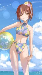 Rule 34 | 1girl, :d, ball, bare shoulders, beachball, bikini, bird, blonde hair, blue hair, blue nails, blue sky, blush, bracelet, breasts, brown hair, cloud, day, feet out of frame, flower, grin, hair flower, hair ornament, highres, jewelry, lens flare, looking at viewer, multicolored bikini, multicolored clothes, multicolored hair, nail, navel, ocean, open mouth, original, outdoors, parted lips, pink flower, short hair, short ponytail, signature, sky, small breasts, smile, standing, streaked hair, swimsuit, umiroku, yellow eyes, yellow flower