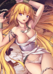 Rule 34 | 1girl, bare shoulders, bdsm, blonde hair, bondage, bound, breasts, chain, cleavage, commentary request, crucifixion, cuffs, fate/apocrypha, fate/grand order, fate (series), highres, jeanne d&#039;arc (fate), jeanne d&#039;arc (ruler) (fate), long hair, medium breasts, no headwear, open mouth, panties, parted lips, photoshop (medium), purple eyes, restrained, revision, solo, tsuki suigetsu, underwear, very long hair, white panties