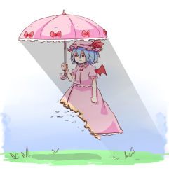 Rule 34 | 1girl, :|, absurdres, bat wings, blank stare, blue hair, clenched hand, closed mouth, disintegration, dress, flying, grass, hair between eyes, hat, highres, jitome, mob cap, pink hat, red eyes, remilia scarlet, shadow, solo, sunlight, touhou, umbrella, vampire, wings, yoruny