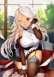 Rule 34 | 1girl, ahoge, apron, arm support, azur lane, bare shoulders, black gloves, blonde hair, blush, book, bow, breasts, brooklyn (azur lane), dark-skinned female, dark skin, day, desk, elbow gloves, fingerless gloves, garter straps, gloves, halterneck, hand on own head, hand to own head, iiiroha, indoors, large breasts, letter, long hair, looking at viewer, machinery, maid, one eye closed, paper stack, red eyes, ribbon, rigging, shiny skin, sideboob, sidelocks, skindentation, skirt, solo, thighhighs, thighs, very long hair, wavy hair