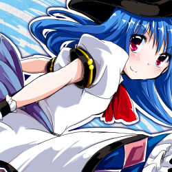 Rule 34 | 1girl, blue hair, blush, fa no hito, hat, hinanawi tenshi, long hair, looking back, puffy short sleeves, puffy sleeves, raised eyebrows, red eyes, short sleeves, smile, solo, touhou, when you see it