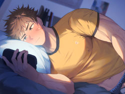 Rule 34 | 1boy, bandaid, bandaid on cheek, bandaid on face, bara, bed, blush, brown eyes, brown hair, bulge, closed mouth, covered erect nipples, erection, erection under clothes, hao (haozz), holding, holding phone, large pectorals, looking at phone, lying, male focus, male masturbation, masturbation, masturbation through clothes, muscular, muscular male, on bed, on side, orange shirt, original, paid reward available, pectorals, phone, pillow, shirt, short hair, solo