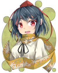 Rule 34 | 1girl, black hair, floral print, hat, hat ribbon, looking at viewer, open mouth, pom pom (clothes), portrait, red eyes, ribbon, scarf, shameimaru aya, shirt, short hair, smile, solo, tokin hat, touhou, uumaru1869