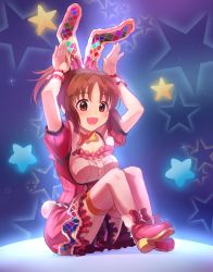 Rule 34 | 10s, 1girl, abe nana, animal ears, blush, bow, bowtie, breasts, brown eyes, brown hair, cleavage, fake animal ears, full body, idolmaster, idolmaster cinderella girls, kamille (vcx68), large breasts, looking at viewer, open mouth, pink thighhighs, puffy short sleeves, puffy sleeves, rabbit ears, red bow, red bowtie, short hair, short ponytail, short sleeves, sitting, smile, solo, thighhighs