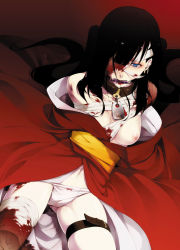Rule 34 | 1girl, amputee, bandages, bdsm, bit gag, black hair, blood, blue eyes, bow, bow panties, breast slip, breasts, buckle, collar, eyepatch, face, gag, gagged, guro, japanese clothes, kimono, kyo (kuroichigo), pussy, nipples, one breast out, panties, pussy, solo, underwear
