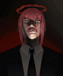 Rule 34 | 1girl, arondiolex, artist name, black necktie, blood, blood halo, business suit, chainsaw man, collared shirt, formal, highres, liquid halo, long hair, looking at viewer, makima (chainsaw man), necktie, office lady, parody, red hair, ringed eyes, shirt, signature, simple background, solo, suit, white shirt, yellow eyes