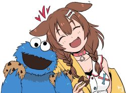 Rule 34 | 1boy, 1girl, ^ ^, animal ears, bone hair ornament, braid, breasts, brown hair, closed eyes, collar, collarbone, commentary, cookie, cookie monster, crossover, dog ears, dog girl, fang, food, hair ornament, heart, holding, holding food, hololive, inugami korone, inugami korone (1st costume), kj (kusojack), medium breasts, off-shoulder sweater, off shoulder, open mouth, sesame street, smile, sweater, symbol-only commentary, twin braids, virtual youtuber, white background