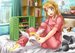 Rule 34 | 1girl, absurdres, bed, blonde hair, blue eyes, book, building, cd, cloud, curtains, highres, lamp, open mouth, original, pajamas, photo (object), shoes, sky, skyscraper, solo, songwut ouppakarndee, stuffed animal, stuffed toy, teddy bear, window