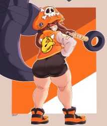 Rule 34 | 1girl, absurdres, anchor, arc system works, ass, bike shorts, boots, brown hair, closed eyes, fat, fingerless gloves, from behind, gloves, grin, guilty gear, guilty gear strive, hat, highres, huge ass, jacket, long hair, may (guilty gear), shorts, smile, solo, techfuzz, thick thighs, thighs