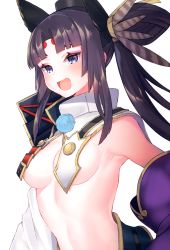 Rule 34 | 1girl, absurdres, animal ears, armor, asymmetrical clothes, asymmetrical sleeves, bare shoulders, black gloves, black hat, blue eyes, blush, breast curtains, breasts, commentary request, detached sleeves, fate/grand order, fate (series), feather hair ornament, feathers, gloves, hair ornament, happy, hat, highres, japanese armor, kusazuri, large breasts, long hair, looking at viewer, mismatched sleeves, navel, open mouth, parted bangs, pom pom (clothes), purple hair, purple sleeves, revealing clothes, shoulder armor, side ponytail, simple background, single glove, smile, sode, solo, suzuho hotaru, third-party source, upper body, ushiwakamaru (fate), very long hair, white background, white sleeves, wide sleeves