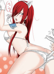 Rule 34 | 1girl, animal ears, ass, bad id, bad pixiv id, bare shoulders, blush, breasts, brown eyes, butt crack, cat ears, cat tail, earrings, erza scarlet, fairy tail, from behind, gloves, hair over one eye, highres, jewelry, large breasts, long hair, murabito sono2, open mouth, panties, red hair, solo focus, tail, tail grab, underwear