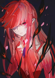 Rule 34 | 1boy, black background, elf, elsword, hair over one eye, kurayuki0404, long hair, long sleeves, looking to the side, male focus, one eye covered, parted lips, pink eyes, pointy ears, red hair, rosso (elsword), solo, trap