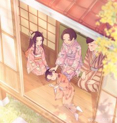 Rule 34 | 1boy, 3girls, absurdres, aged down, black hair, blurry, butterfly hair ornament, child, day, depth of field, extra, family, father and daughter, floral print, flower, from outside, grass, hair ornament, happy, highres, japanese clothes, kimetsu no yaiba, kimono, kochou kanae, kochou shinobu, long hair, long sleeves, looking at another, lying, mother and daughter, multiple girls, no shoes, on floor, on side, parted bangs, porch, purple hair, seiza, shouji, siblings, sisters, sitting, sleeping, sliding doors, smile, striped, tabi, tatami, twitter username, updo, user vstz7772, veranda, vertical stripes, white legwear, yellow flower