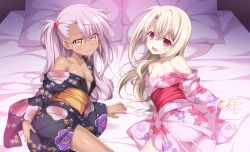 Rule 34 | 2girls, aoi masami, ass, bare shoulders, bed, black kimono, blush, breasts, brown eyes, brown hair, chloe von einzbern, collarbone, dark-skinned female, dark skin, fate/kaleid liner prisma illya, fate (series), female focus, floral print, from behind, hand on own ass, heart, illyasviel von einzbern, japanese clothes, kimono, long hair, looking back, lying, multiple girls, no bra, obi, off shoulder, official alternate costume, on bed, on side, open mouth, pillow, pink hair, pink kimono, red eyes, sash, side ponytail, small breasts, sweat, yukata