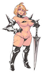 Rule 34 | 1girl, bare shoulders, bikini, blonde hair, breasts, cleavage, curvy, covered erect nipples, full body, large breasts, navel, one eye closed, open mouth, original, pink eyes, simple background, solo, standing, swimsuit, sword, weapon, wide hips, zako (arvinry)