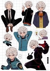 Rule 34 | 1boy, ?, ^ ^, absurdres, aoi (yooo009), artist name, ass, black jacket, black necktie, black pants, blue jacket, chibi, closed eyes, collared shirt, gloves, hair between eyes, hand in pocket, heart, highres, jacket, kuga yuuma, long sleeves, looking at viewer, male focus, multiple views, necktie, non-web source, open clothes, open jacket, open mouth, pants, profile, ranguage, red eyes, shirt, shoes, short hair, sitting, smile, speech bubble, spoken heart, uniform, upper body, v, white background, white hair, world trigger