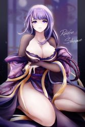 Rule 34 | 1girl, arm support, arm under breasts, blurry, blurry background, bra, braid, breast hold, breasts, bridal gauntlets, character name, cleavage, collarbone, cowboy shot, genshin impact, highres, japanese clothes, kimono, kneeling, lace, lace-trimmed bra, lace trim, large breasts, long hair, looking at viewer, low-braided long hair, low-tied long hair, mole, mole under eye, no hair ornament, obi, obiage, obijime, parted lips, print kimono, purple background, purple bra, purple eyes, purple hair, purple kimono, raiden shogun, sash, shrug (clothing), smile, solo, strapless, strapless bra, tassel, thighs, underwear, wuke euco