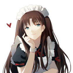 Rule 34 | 1girl, aiko (kanl), alternate costume, apron, bad id, bad pixiv id, black shirt, brown hair, enmaided, fate/stay night, fate (series), green eyes, heart, long hair, maid, maid headdress, neck ribbon, red ribbon, ribbon, shirt, short sleeves, simple background, solo, tohsaka rin, two side up, upper body, very long hair, white apron, white background, wrist cuffs