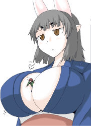 Rule 34 | 1boy, 1girl, animal ears, between breasts, breasts, bunny girl, cleavage, giant, giantess, huge breasts, motion lines, person between breasts, rabbit ears, shrinking, simple background, terada ochiko, upper body, white background