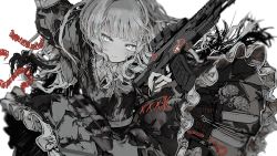 Rule 34 | 1girl, arm up, assault rifle, black dress, blunt bangs, cable, closed mouth, dress, explosive, frilled dress, frills, grenade, gun, highres, holding, holding gun, holding weapon, knife, long hair, long sleeves, original, rifle, simple background, solo, tekito midori, very long hair, weapon, white background, white hair