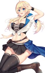 Rule 34 | 1girl, alisa maxrays, amagi korona, belt, black belt, black choker, black shirt, black skirt, black thighhighs, blonde hair, blue eyes, blue ribbon, boots, breasts, brown footwear, choker, cleavage, commentary, crop top, hair ornament, hair ribbon, highres, large breasts, leg up, long hair, looking at viewer, low twintails, microskirt, midriff, open mouth, original, pouch, ribbon, salute, shirt, short sleeves, simple background, single horizontal stripe, skirt, smile, solo, standing, standing on one leg, thighhighs, tied shirt, twintails, white background, white shirt, wristband, x hair ornament