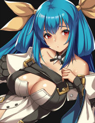 Rule 34 | 1girl, bare shoulders, blue hair, bow, breasts, choker, cleavage, commentary request, dizzy (guilty gear), guilty gear, guilty gear xrd, hair between eyes, hair ribbon, highres, large breasts, long hair, red eyes, ribbon, sidelocks, strap, tail, tail bow, tail ornament, takanashi-a, yellow ribbon
