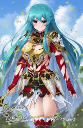 1girl aqua_hair armor black_panties blue_eyes blue_hair blush breastplate breasts broken_armor cape cleavage closed_mouth commission doiparuni earrings eirika_(fire_emblem) eirika_(graceful_resolve)_fire_emblem elbow_gloves fingerless_gloves fire_emblem fire_emblem:_the_sacred_stones fire_emblem_heroes gloves gluteal_fold highres holding holding_sword holding_weapon jewelry long_hair looking_at_viewer medium_breasts nintendo panties red_gloves shoulder_armor skirt solo sword thighhighs torn_clothes torn_gloves torn_skirt underwear weapon white_skirt