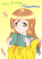Rule 34 | 1girl, artist name, artist request, blush, book, bow, bowtie, breasts, brown eyes, brown hair, collarbone, dales, eyebrows, female focus, grey sailor collar, hair between eyes, highres, holding, holding book, kunikida hanamaru, light brown hair, long hair, long sleeves, looking at viewer, love live!, love live! sunshine!!, matching hair/eyes, orange bow, orange bowtie, parted lips, sailor collar, school uniform, sleeves past wrists, small breasts, smile, solo, sweater, sweater vest, upper body, uranohoshi school uniform, vest, yellow eyes