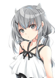 Rule 34 | 1girl, fake horns, grey eyes, grey hair, hair between eyes, hair ornament, highres, horned headwear, horns, i-201 (kancolle), kantai collection, long hair, looking at viewer, matsuura@parao, official alternate costume, polka dot, polka dot swimsuit, simple background, solo, swimsuit, upper body, white background, x hair ornament