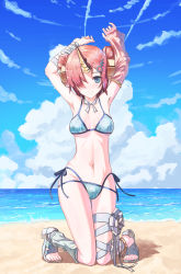 Rule 34 | 1girl, absurdres, arms up, bandages, beach, bikini, bikini under clothes, blue eyes, blue sky, breasts, cleavage, cloud, covered erect nipples, day, fate/grand order, fate (series), frankenstein&#039;s monster (fate), frankenstein&#039;s monster (swimsuit saber) (fate), frankenstein&#039;s monster (swimsuit saber) (first ascension) (fate), gluteal fold, groin, hair over one eye, highres, horns, kneeling, medium breasts, navel, ocean, outdoors, pink hair, sandals, side-tie bikini bottom, single horn, sky, smile, solo, swimsuit, swimsuit under clothes, ten no hoshi, underboob