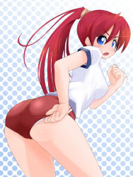 Rule 34 | 1girl, ass, bent over, blue eyes, blush, breasts, buruma, cameltoe, fang, female focus, gradient background, gym uniform, long hair, open mouth, original, panties, ponytail, red hair, solo, underwear