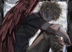 Rule 34 | 1boy, backlighting, barururunru, belt, black legwear, blonde hair, boku no hero academia, costume, earrings, elbows on knees, facial hair, facial mark, feathered wings, feathers, from side, gloves, goatee, hand on own arm, hawks (boku no hero academia), jewelry, knees to chest, long bangs, looking at viewer, male focus, messy hair, outstretched arm, parted lips, pectorals, red feathers, red wings, shirt, short hair, sidepec, sitting in window, solo, stubble, stud earrings, tight clothes, tight shirt, wings, yellow eyes