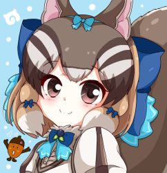 Rule 34 | 1girl, acorn, animal costume, animal ear fluff, animal ears, bow, bowtie, brown eyes, brown hair, chipmunk costume, chipmunk ears, chipmunk girl, chipmunk tail, closed mouth, extra ears, hata (user ehfr2334), kemono friends, kemono friends v project, looking at viewer, microphone, multicolored hair, ribbon, scarf, shirt, short hair, siberian chipmunk (kemono friends), simple background, smile, solo, tail, vest, virtual youtuber