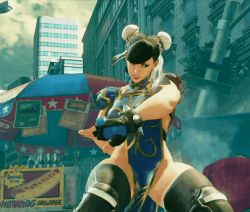 Rule 34 | 1girl, animated, animated gif, ass, black hair, black thighhighs, breasts, building, bun cover, capcom, chun-li, cloud, curvy, double bun, earrings, english text, fighting stance, from below, hair bun, hip focus, huge ass, jewelry, large breasts, lowres, martial arts, official art, outdoors, revealing clothes, road, short hair, sky, solo, street, street fighter, street fighter v, swept bangs, text focus, thick thighs, thighhighs, thighs, wide hips