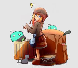 Rule 34 | !, 1girl, :&lt;, absurdres, animal, backpack, bag, black cat, blue eyes, blush, boots, brown footwear, brown gloves, brown hair, brown headwear, brown jacket, brown skirt, cat, commentary request, crate, gloves, grey background, hair between eyes, highres, idaten93, jacket, long hair, long sleeves, looking at viewer, looking to the side, open mouth, original, shadow, sidelocks, skirt, solo, standing, triangle mouth, v-shaped eyebrows
