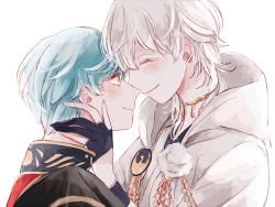 Rule 34 | 10s, 2boys, aqua hair, backlighting, blush, choker, forehead-to-forehead, from side, gloves, hand on another&#039;s face, heads together, hood, ichigo hitofuri, japanese clothes, long hair, looking at another, male focus, military, military uniform, multiple boys, partially fingerless gloves, profile, shio (yuzu69), short hair, simple background, smile, standing, touken ranbu, tsurumaru kuninaga, uniform, white background, white hair, yaoi, yellow eyes