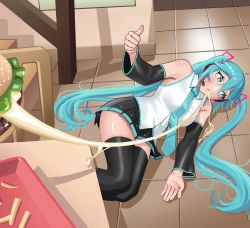 Rule 34 | 1girl, :o, absurdres, black skirt, black sleeves, blue eyes, blue hair, blue necktie, breasts, cheese, collared shirt, daniaeru, detached sleeves, food, french fries, hatsune miku, headset, highres, long hair, looking down, lying, medium breasts, necktie, on side, open hand, open mouth, photo-referenced, shadow, shirt, skirt, sleeveless, sleeveless shirt, solo, stairs, thighhighs, thumbs up, twintails, very long hair, vocaloid, white shirt