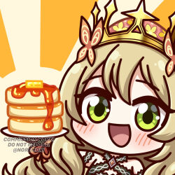 Rule 34 | 1girl, :d, bare shoulders, blonde hair, blush, bow, butter, butterfly hair ornament, celine (fire emblem), chibi, commission, crown, fire emblem, fire emblem engage, flower, food, green eyes, hair flower, hair ornament, holding, holding plate, looking at viewer, nintendo, noredji, open mouth, orange bow, pancake, pancake stack, plate, smile, solo, syrup, twitter username, upper body, wrist bow