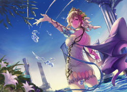 Rule 34 | 1girl, arms up, ass, back, bare shoulders, blonde hair, blue sky, brown eyes, butterfly ornament, dress, water drop, europa (granblue fantasy), flower, granblue fantasy, grin, hair flower, hair ornament, leaf, lily (flower), looking back, nos, pillar, scarf, short dress, short hair, sky, smile, solo, thighs, tiara, wading, wet, white dress